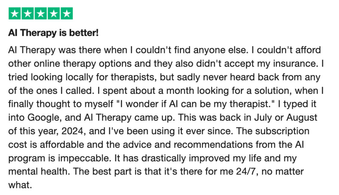 AI Therapy Review on Trustpilot AI Therapy Review on Trustpilot
